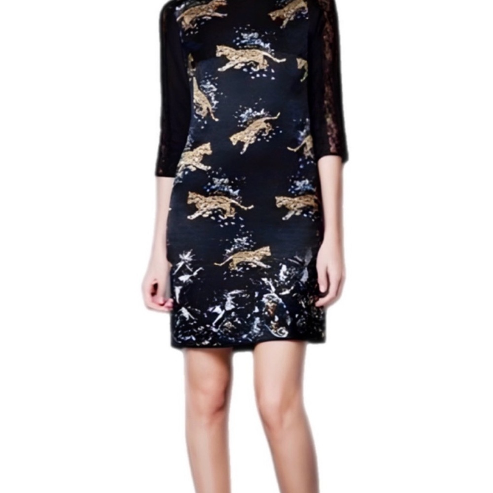 ZARA Black Leopard Print 100% Mulberry Silk Lace Sleeve Mini Dress